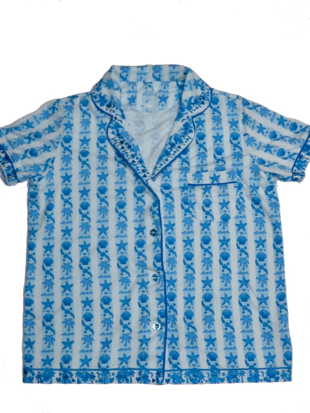 Pink Palm Puff Pajamas TOP ONLY 100% Pima Cotton Blue Embroidery Button L LARGE